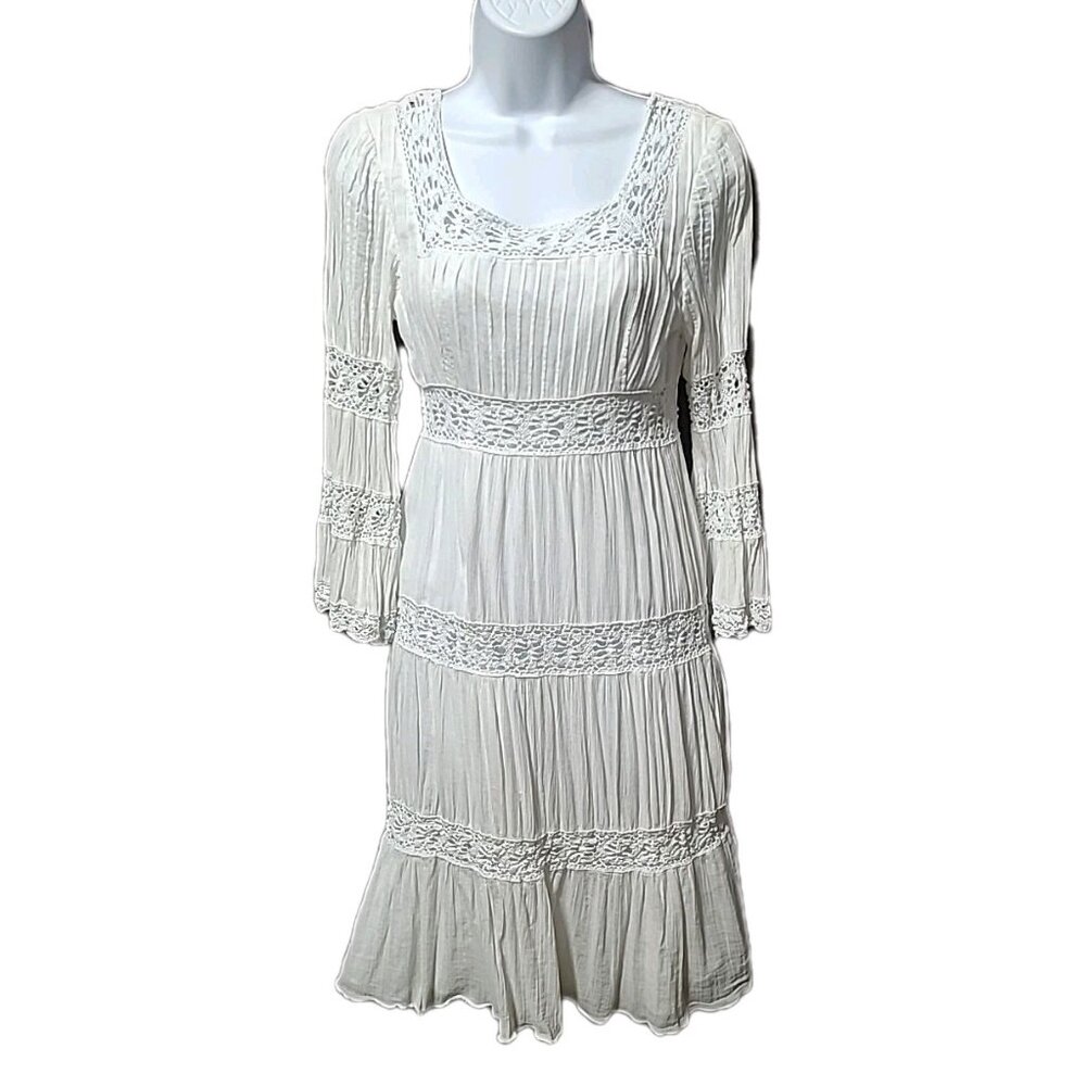 Michelle Antonelli Peasant Dress 70s Style White‎ Cotton Lace Detail Women's 8